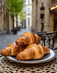 French croissants on a plate near a freshly squeezed orange juice at a small table at the street side in Paris