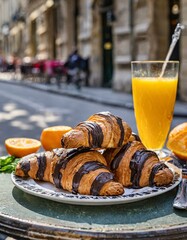French chocolate croissants on a plate near a freshly squeezed orange juice at a small table at the street side in Paris