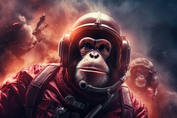 A group of monkeys dressed as astronauts explore space.