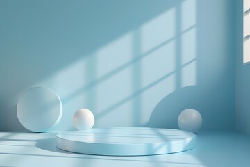 Fototapeta na wymiar Minimalist Podium in Light Blue Room for Product Presentation, To showcase a sleek and minimalistic product presentation setting with a pastel blue