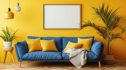 Blue sofa with yellow blanket and pillows. Generative Ai