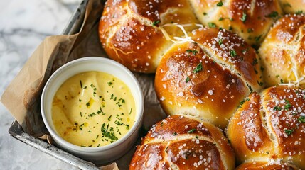 Soft Pretzel Rolls Warm, soft pretzel rolls with a chewy crust, presented in a cardboard bakery tray or arranged on a white ceramic plate, served with a side of mustard or beer cheese dip - obrazy, fototapety, plakaty