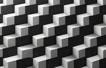Abstract geometric pattern background with 3D cube wall design and white squares, black and white color scheme