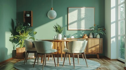 Chairs in mint color around a wooden dining table. Generative Ai
