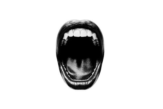Abstract halftone shouting mouth collage element. Trendy grunge design element