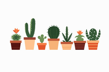 Cactus and succulent plants in pots. Illustration set of hand drawn cacti and succulents growing in cute little pots. Simple cartoon vector style.