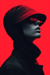 A person’s face is covered by a red and black abstract layer