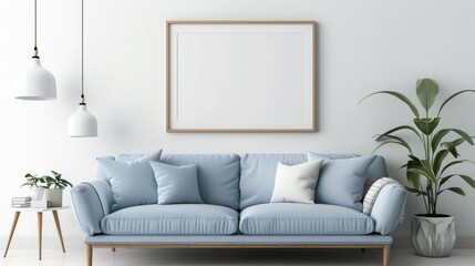 Interior of modern living room with a light blue sofa and potted indoor plants, against white wall with photo frame mockup