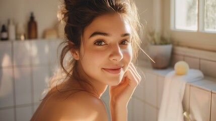 closeup of a brunette 20 year old woman in a bright bathroom - Powered by Adobe