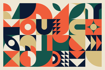 Retro geometric aesthetics. Bauhaus and avant-garde inspired vector background with abstract simple shapes like circle, square, semi circle. Colorful pattern in nostalgic pastel colors.