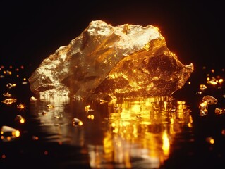 Glowing gold nugget with reflections on a serene water surface, symbolizing wealth and prosperity.