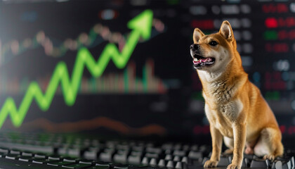 Dogecoin cryptocurrency golden symbol and stock chart candlestick on tablets. Use technology cryptocurrency blockchain. with Capital Gain, Fundamental. Dogecoin global payment altcoin market