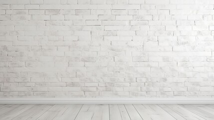 empty gallery interior room with old white brick wall texture and brown grunge wooden plank floor pattern, blank space background or backdrop for design element and display product in vintage style