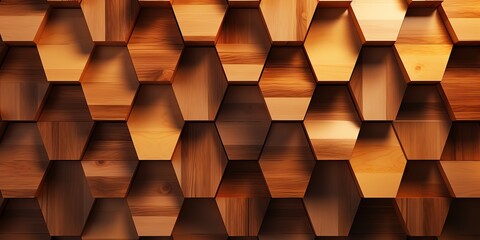 Brown Natural Hexagonal Wooden blocks arranged to create a Natural wooden wall.