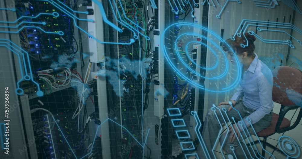 Poster image of scope scanning and data processing over caucasian it woman computer server