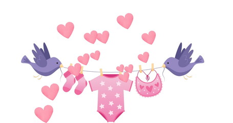 Image of birds holding string with baby clothes over white background with hearts