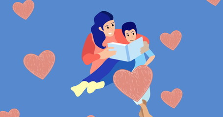 Image of caucasian mother reading to son over blue background with hearts