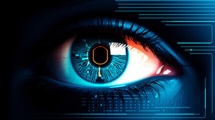 Close up on a cyborgs eye, with digital data reflected in its iris, illustrating the integration of AI and human intelligence on the modern battlefield