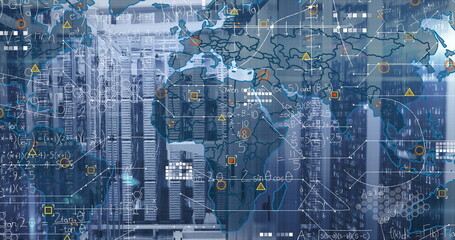 Image of data processing and world map over server room