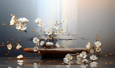 Oil and acrylic painting, abstract painting white flowers with textures. - obrazy, fototapety, plakaty