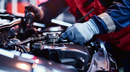 Close-up of a professional car mechanic wearing gloves, working under the hood of a vehicle in an auto repair shop. - obrazy, fototapety, plakaty
