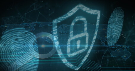 Image of digital padlock, biometric fingerprints and data processing