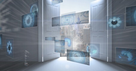 Image of data processing with scope scanning over door and cityscape