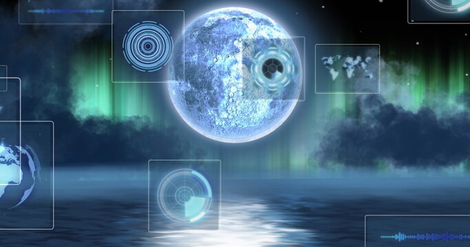 Naklejki Image of data processing with scope scanning over sea, moon and clouds