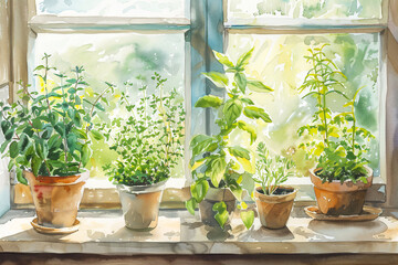Kitchen herbs garden near window. Watercolor horizontal illustration. Plants in pot