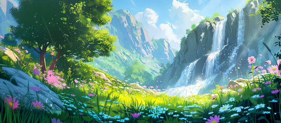 Landscape with waterfall , spring flowers, green grass. Painting of summer. Banner - obrazy, fototapety, plakaty