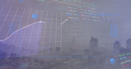 Digital image of stock market data processing over world map against blue background