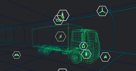 Image of multiple digital icons over 3d truck model moving in seamless pattern in a tunnel