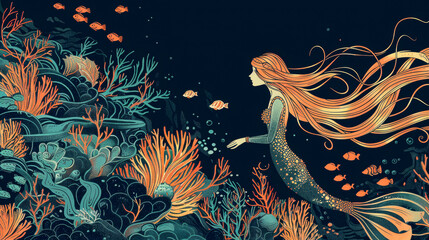 Fototapeta na wymiar Illustration of ginger hair mermaid in the underwater magical world. Fairy tale concept.