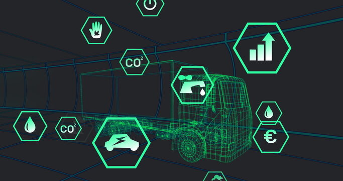 Image of multiple digital icons over 3d truck model moving in seamless pattern in a tunnel