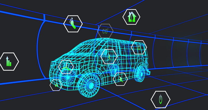 Image of multiple digital icons over 3d van model moving in seamless pattern in a tunnel - Powered by Adobe