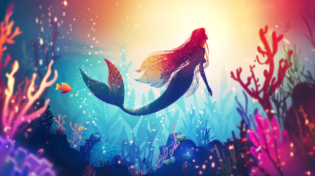 Colorful illustration of  mermaid in the underwater magical world. Fairy tale concept.