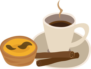 Coffee with portugiese egg tart, pastel de nata. Colorful vector illustration. 
