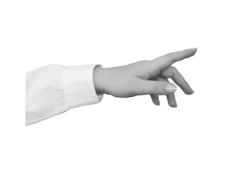 Black and white hand in a white shirt points with a finger - element for collage. Illustration on transparent background