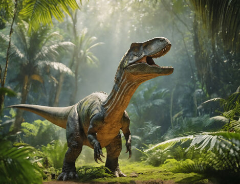 Prehistoric dinosaur in vibrant jungle environment