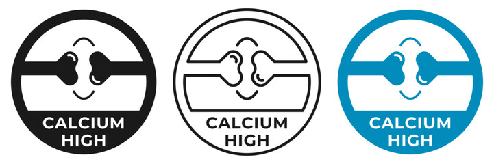 High calcium icon. Contains calcium sign, logo, badge, symbol, stamp or logo. Mineral and vitamin nutrition for fitness logotype, sticker, emblem, mark or seal isolated.