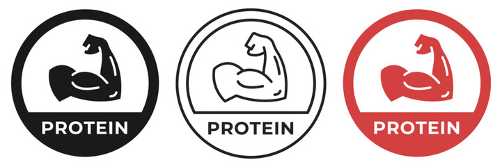 Fototapeta premium High protein icon. Whey protein fitness logo, badge, symbol, stamp or logo. Fitness nutrition for gym and muscles logotype, sticker, emblem, mark or seal isolated.
