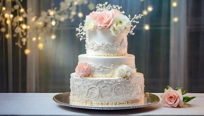 A masterpiece in tiers, the perfect wedding cake adorned with intricate lace-like fondant designs, delicate sugar flowers, and shimmering edible pearls, standing tall as a symbol of love and union
