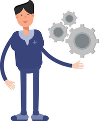 Male Doctor Character Holding Gears
