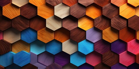 Multi colored wooden hexagon pattern background, created using hexagonal tiles arranged in a honeycomb style. - obrazy, fototapety, plakaty