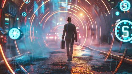 modern businessman stepping out of a shimmering digital time portal onto the neon-lit streets of a futuristic city. - obrazy, fototapety, plakaty