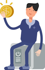 Male Doctor Character Sitting on Safe and Holding Dollar Coin
