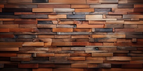Wooden brick wall texture, wooden background. Beautiful Abstract tiles. Bricks made of various types of wood.