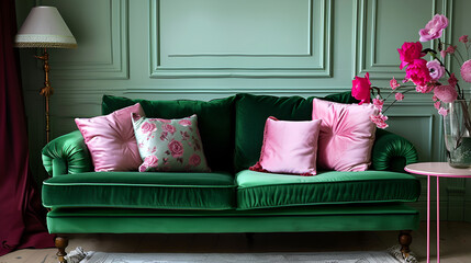 A green sofa with pink pillows near the soft green classic wall