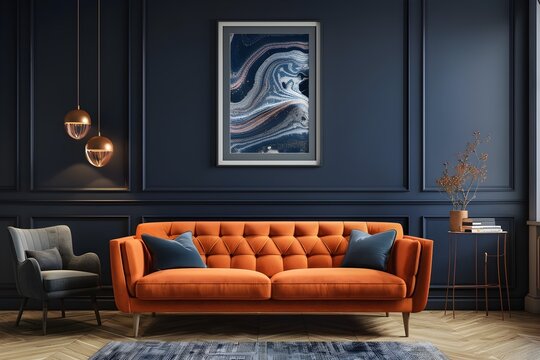 Elegant Frame Adorning Modern Living Room Wall with Blue Marble Swirls and an Inviting Orange Sofa