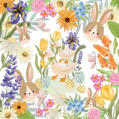 Happy Easter watercolor cute rabbit, animal ,eggs , spring flowers background